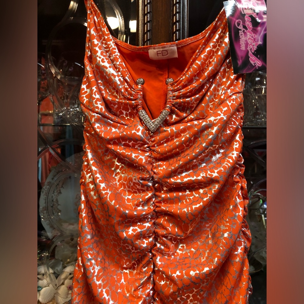 Orange and Silver Metallic Ruched Sleeveless Dress - Picture 6 of 13